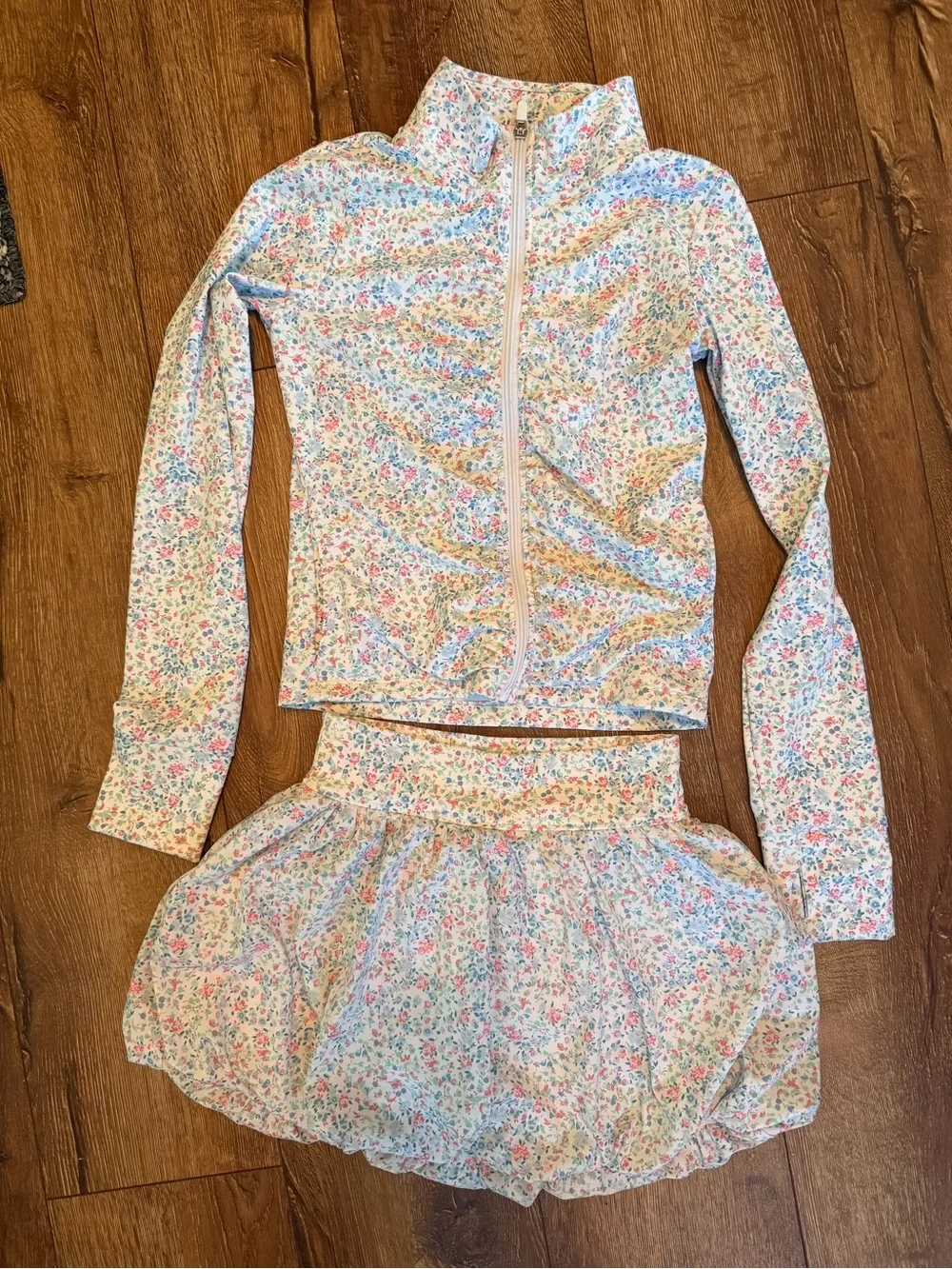 Floral Zip Front Jacket and Skirt Set - Soft Pastel Flowers